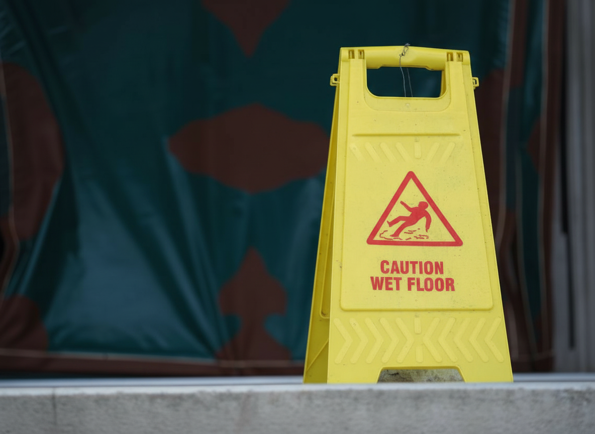 Wet floor warning sign in commercial building, slip and fall attorney Kansas City